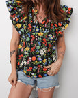 Flower Tiered Flutter Sleeve V-Neck Blouse