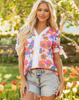 Floral Colorblock Stripe V-Neck Short Sleeve Blouse