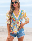 Gwen Crochet V Neck Boho Floral Blouse