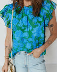 Floral Ruffle Sleeve Keyhole Back Blouse