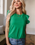 Eyelet Embroidered Ruffle Sleeve Crew Neck Top