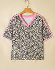 Leopard Contrast V-Neck Short Sleeve Top
