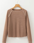 Solid Waffle Knit Round Neck Long Sleeve Top