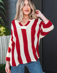 Colorblock Stripe V-Neck 3/4 Sleeve Sweater