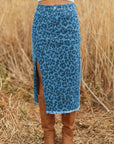 Leopard Denim Frayed Hem Midi Skirt
