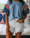 Stars & Stripe Patchwork Short Puff Sleeve Top