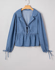 Denim Lapel Collar Balloon Sleeve Peplum Top