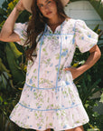 Floral Stripe Contrast Tie Split Neck Mini Dress