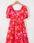 Floral Bubble Sleeve Sweetheart Neck Ruffle Mini Dress