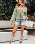 Solid Tie Front V-Neck Ruffle Trim Blouse
