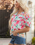 Floral Stripe Detail Split Neck Short Sleeve Blouse