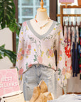 Floral Stripe Contrast V-Neck Sweater