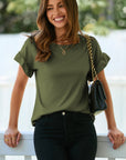 Solid Ribbed Knit Ruffle Short Sleeve T-Shirt