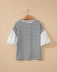Floral Stripe Patchwork Puff Sleeve Round Neck Top