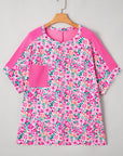 Plus Size Floral Corded Patchwork Crewneck Top