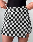 Checker Denim Pocketed Overlap Skort
