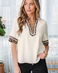Leopard Patchwork Trim Split Neck Blouse