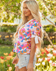 Floral Colorblock Stripe V-Neck Short Sleeve Blouse
