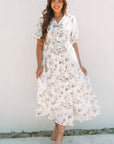 Floral Puff Sleeve V-Neck Buttoned Front Dress
