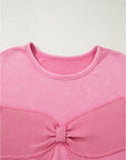 Plus Size Waffle Bowknot Patchwork Mineral Wash Sweatshirt