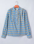 Plaid Long Sleeve Frilled Half Button Blouse