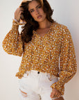 Boho Floral Ruffle Bubble Sleeve V-Neck Blouse