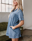 Solid Denim Collared Patch Pocket Mini Dress