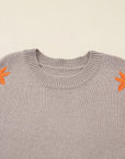 Floral Embroidered Sleeve Round Neck Loose Sweater