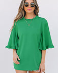 Frilled Round Neck Wide 3/4 Sleeve Blouse