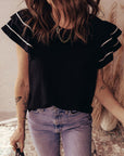 Contrast Trim Ruffle Short Sleeve Blouse