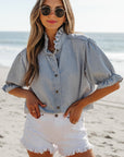 Chambray Ruffle Short Puff Sleeve Buttoned Shirt
