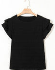Solid Textured Ruffled Sleeve Round Neck Top