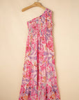 Abstract Floral One-Shoulder Shirred Maxi Dress
