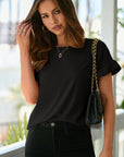 Solid Ribbed Knit Ruffle Short Sleeve T-Shirt