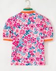 Floral Contrast Stripe Short Sleeve Blouse