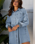 Denim Smocked Cuffs Shirt Mini Dress