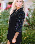 Velvet Sequin Puff Sleeve Buttoned Peplum Shirt