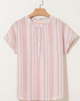 Stripe Half Buttoned Short Sleeve Blouse