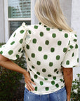 Polka Dot Shirred Notched Neck Balloon Sleeve Blouse