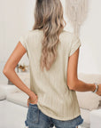 Wavy Textured Button V-Neck Casual Tee