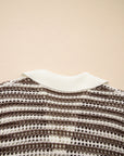 Stripe Eyelet Contrast Collared V-Neck Sweater