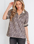 Leopard Half Zip Stripe Trim Short Sleeve Top
