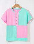 Colorblock Checker Half Button Henley T-Shirt