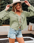 Solid Tie Front V-Neck Ruffle Trim Blouse