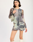 LONG SLEEVE RUFFLED MINI DRESS WITH CUTOUT