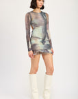 LONG SLEEVE RUFFLED MINI DRESS WITH CUTOUT