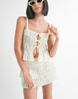 SQUARED NECK MIXED KNIT TOP