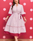 Plus Size Pinstripe Ruffle Hem Midi Dress