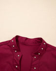 Rivet Embellished V-Neck Short Puff Sleeve Blouse