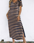 Stripe V-Neck Side Slit Maxi Dress
